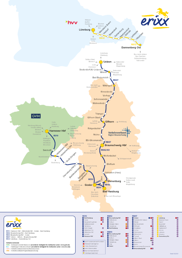 Streckennetz erixx in Niedersachsen